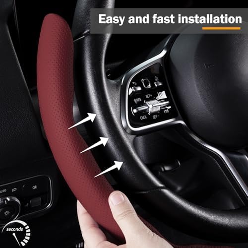 Car Steering Wheel Cover Leather 14.5-15 in Universal 3Pcs Set Wine Red - Image 3