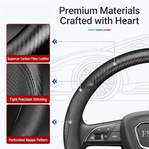 Microfiber Leather Steering Wheel Cover, D-Shape Carbon Fiber Black Wire Trim - Image 3
