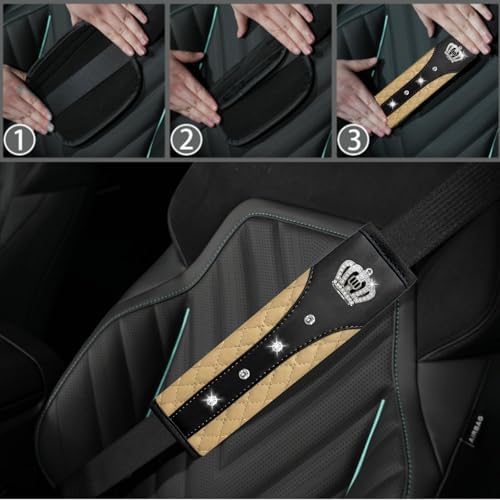 NBTEPEM 10 Pcs Bling Car Floor Mats Set, Leather Beige Steering Wheel Covers - Image 7