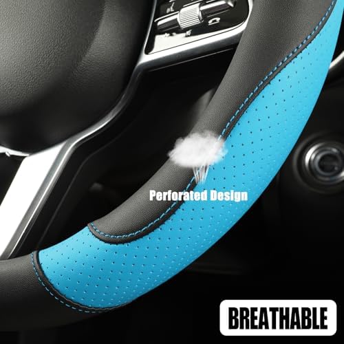 Black Blue Microfiber Leather Steering Wheel Cover 14 inch - Image 3