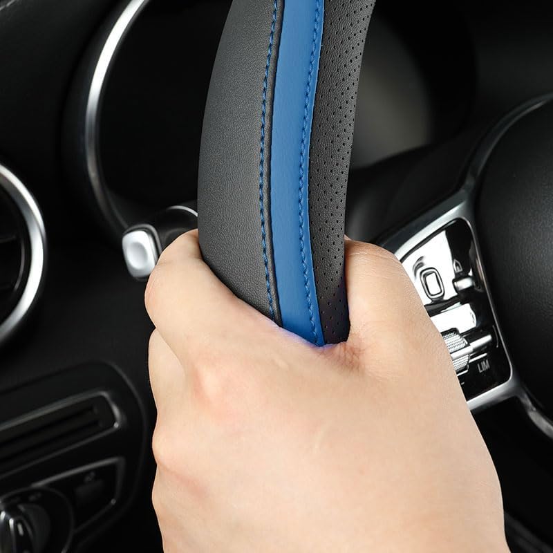 Szttswamp Car Steering Wheel Cover, Microfiber Leather Blue 14.5-15 Inch - Image 3