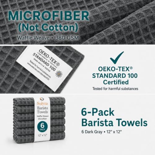 Solyra Barista Towels, Coffee Towel, 6 Pack, 12x12 in Microfiber, Dark Gray - Image 5