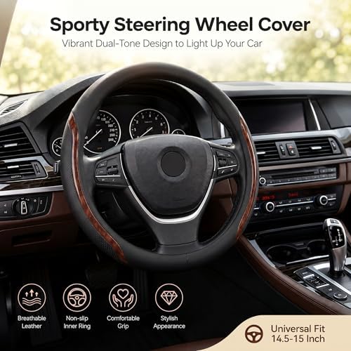 Black Steering Wheel Cover Wood Grain Leather Universal 14.5"-15" - Image 6