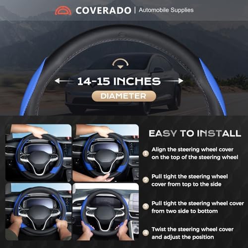 Coverado Car Steering Wheel Cover, Nappa Leather Black & Blue Steering Wheel - Image 5