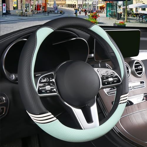 15 inch Cute Leather Steering Wheel Cover Black and Green by Binsheo