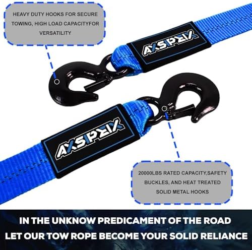 Nylon Tow Strap with Hooks Heavy Duty, 2”x20’ Recovery Rope Car Tow Strap - Image 2