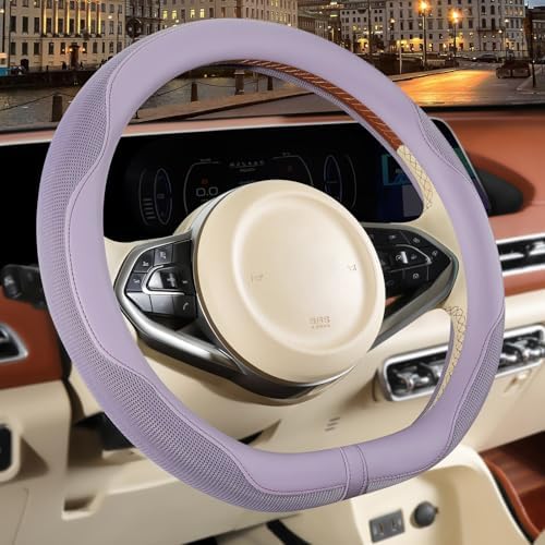 Nappa Leather Purple D Shaped Steering Wheel Cover 14 inch - Image 2