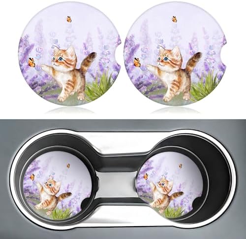 Lavender Butterfly Cute Cat Car Coasters - Image 2