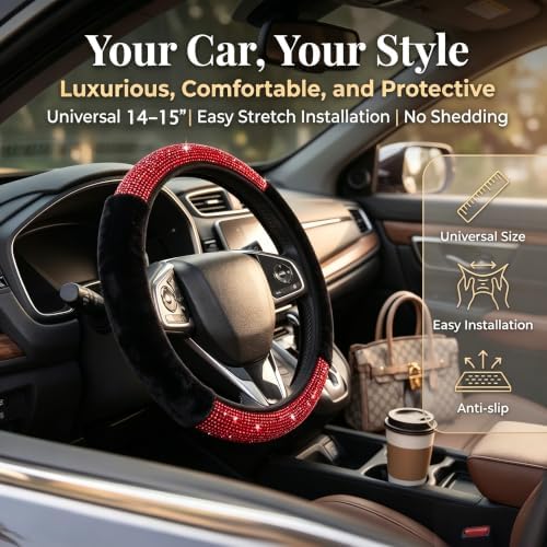Bling Steering Wheel Cover Fluffy Red Rhinestone - Image 2