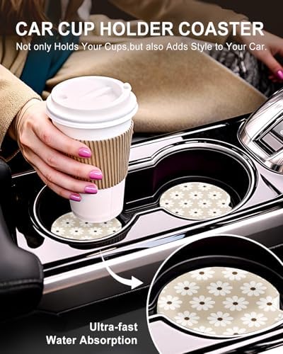 Swooflia Cute Girly Ceramic Car Coasters Beige Daisy Cup Holder Coasters - Image 5