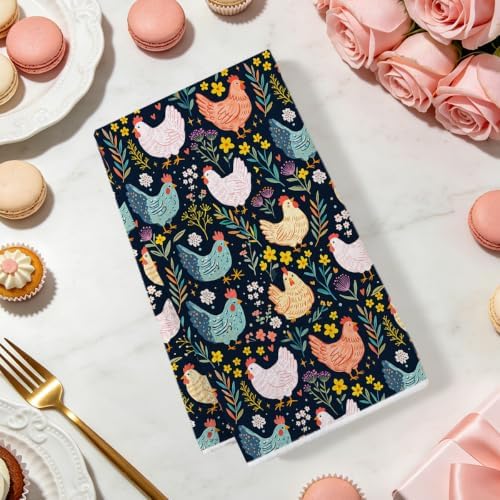 2 Pcs Cute Chicken Kitchen Towels, Floral Soft Absorbent Hand Tea Towel 01 - Image 2
