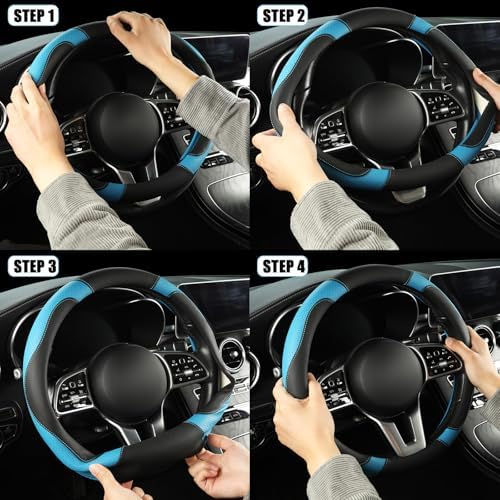 Black Blue Microfiber Leather D Shaped Steering Wheel Cover - Image 6