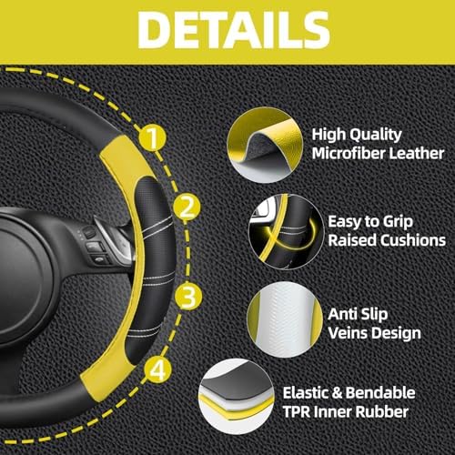 NBTEPEM 6 Pcs Yellow Steering Wheel Cover Set, Sport Microfiber Leather - Image 3