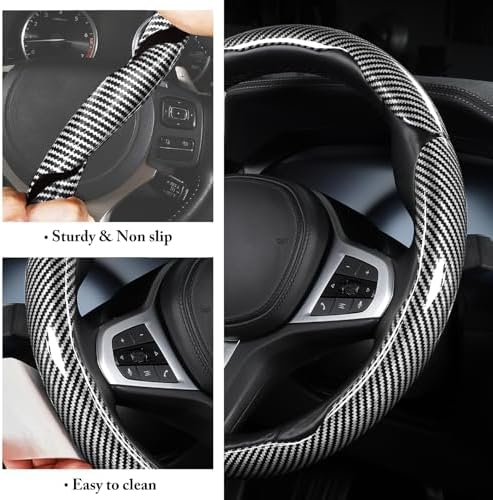 Carbon Fiber Steering Wheel Cover Universal 3pcs Protector Glossy Silver - Image 5