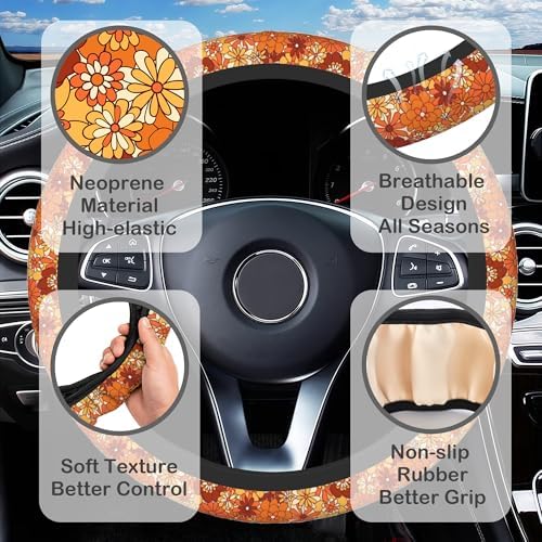 Boho Orange Flowers Steering Wheel Cover - Image 3