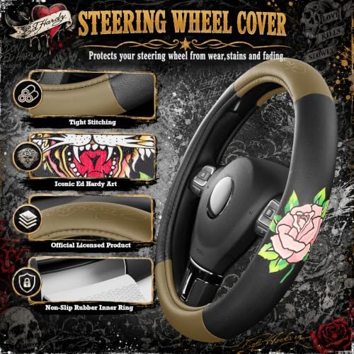 ED HARDY Tiger Print Steering Wheel Cover, Fits 14.5-15.5 Inch Steering Wheels - Image 4