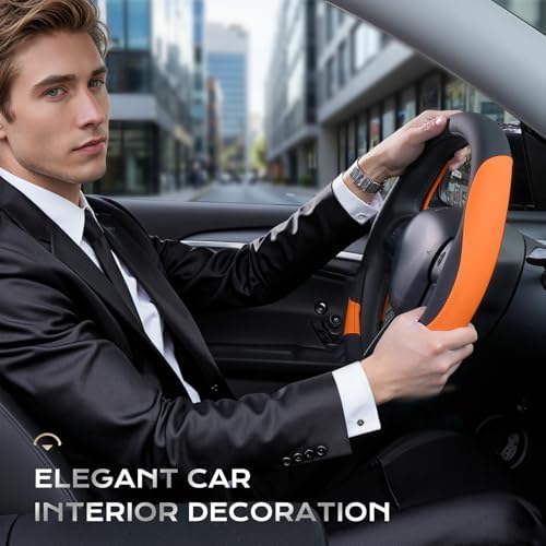 Coverado Car Steering Wheel Cover, Nappa Leather Black & Orange Steering Wheel - Image 7