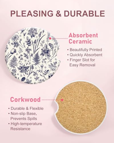 Swooflia Floral Absorbent Ceramic Car Coasters Set of 2, Cute Botanical - Image 3