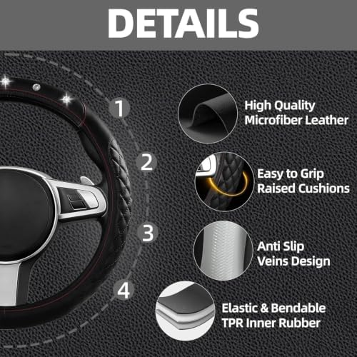 NBTEPEM 10 Pcs Bling Car Floor Mats Set, Leather Steering Wheel Covers - Image 2