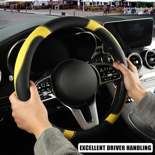 Black Yellow Microfiber Leather Steering Wheel Cover 14 inch - Image 5