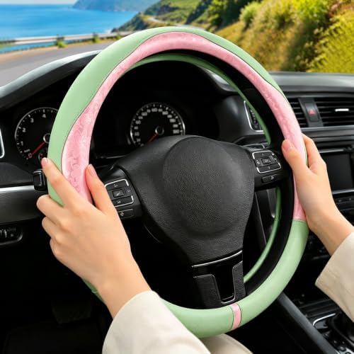 Pink & Green Patterned Leather Patchwork Steering Wheel Cover, 14.5-15 Inch - Image 5