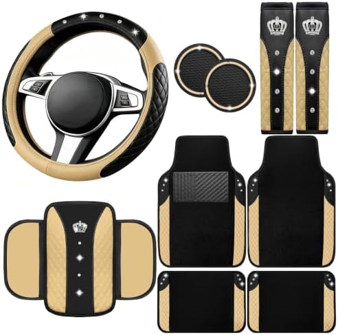 NBTEPEM 10 Pcs Bling Car Floor Mats Set, Leather Beige Steering Wheel Covers by NBTEPEM