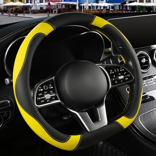 Black Yellow Microfiber Leather D Shaped Steering Wheel Cover - Image 2