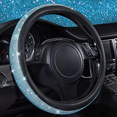 CAR PASS Mint Diamond Black Leather Steering Wheel Cover, Bling Blue Crystal by CARPASS