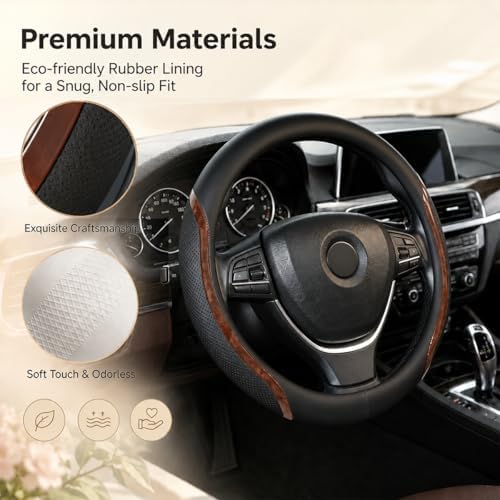 Black Steering Wheel Cover Wood Grain Leather Universal 14.5"-15" - Image 5
