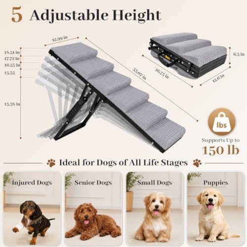 Dog Ramp for Bed, Foldable Dog Ramp, 5 Adjustable Heights, 150 lb - Image 2