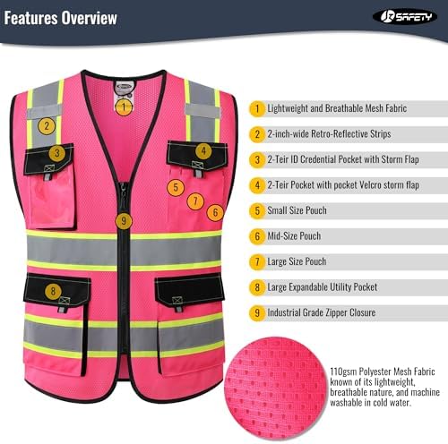 JKSafety Safety Vest for Men Women Hi Vis Reflective Vest JK220 Pink XL - Image 4