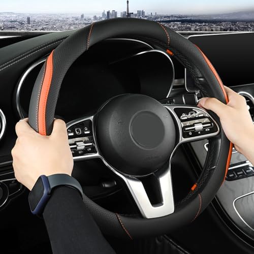 Szttswamp Car Steering Wheel Cover, Microfiber Leather Orange 14.5-15 Inch - Image 2