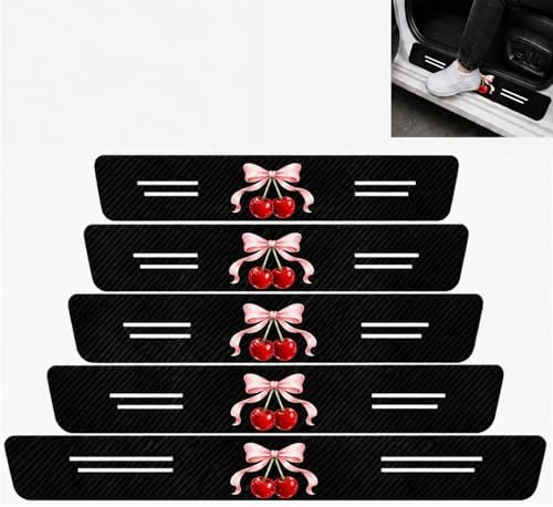 5PCS Cherry Bow Car Door Sill Protector, Carbon Fiber Leather Sill Stickers by TnLnYn