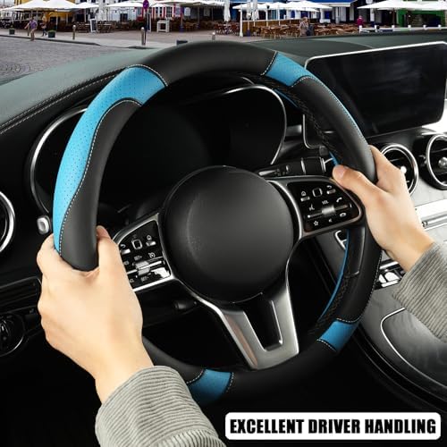 Black Blue Microfiber Leather Steering Wheel Cover 14 inch - Image 5