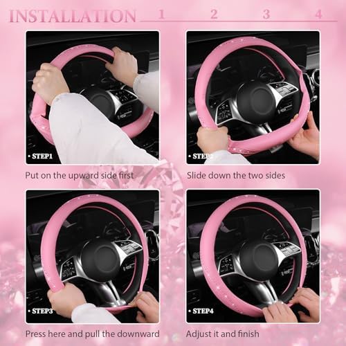 CAR PASS Bling Diamond Pink Leather Steering Wheel Cover, Studded Shining - Image 7