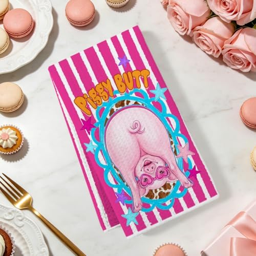 2 Pcs Funny Piggy Kitchen Towels, Soft Absorbent Waffle Hand Tea Towel - Image 2