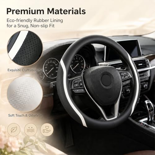Steering Wheel Cover Black and White Leather Universal 14.5-15 inch - Image 5