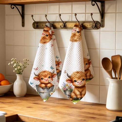 2 Pcs Cute Highland Cow Kitchen Towels, Cows Soft Absorbent Hand Towels 04 - Image 4