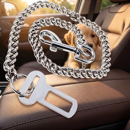 Dog Seat Belt for Car, Metal Chain Dog Car Leash Adjustable Safety Tether - Image 7