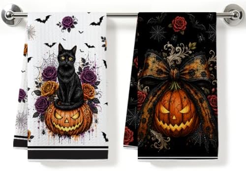 ZHAMEN 2 Pcs Halloween Kitchen Towels, Cat Soft Absorbent Hand Tea Towels by ZHAMEN