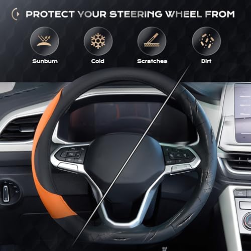 Coverado Car Steering Wheel Cover, Nappa Leather Black & Orange Steering Wheel - Image 6