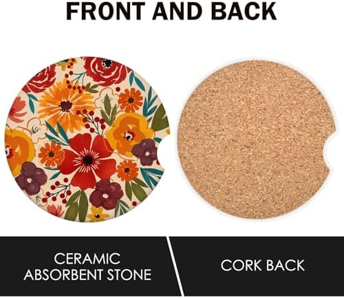 Floral Car Coasters for Cup Holders Set of 2 Colorful Flowers Absorbent Ceramic - Image 4