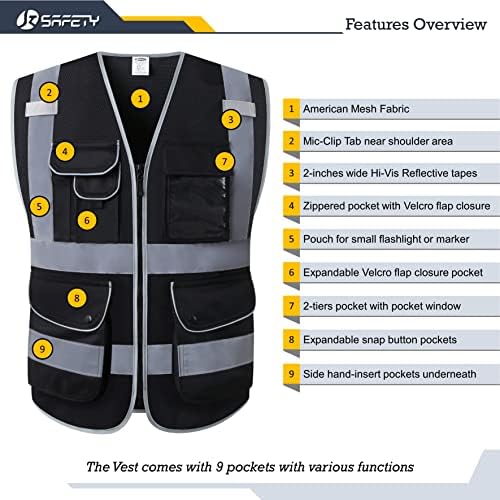 JKSafety Safety Vest for Men Women Reflective Hi Vis JK159 Black M - Image 4