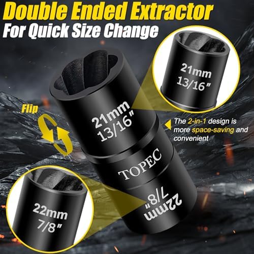 Topec 21mm x 22mm Flip Lug Nut Extractor, 1/2" Drive Lug Nut Removal Tool - Image 3