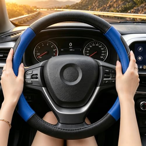 Black and Blue Line Punching Car Steering Wheel Cover, Microfiber Leather Sports - Image 4