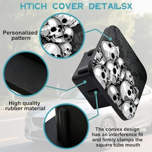 Hitch Cover Fits for 2 Inch Hitch Black and White Skull Floral Trailer Hitch - Image 3