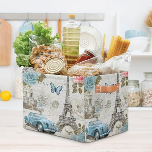 AUUXVA Storage Basket Vintage Paris Eiffel Tower Rose Flower Old Car Storage - Image 7