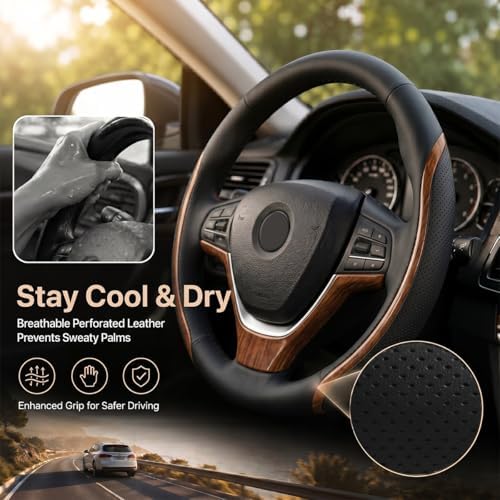 Black Steering Wheel Cover Wood Grain Leather Universal 14.5"-15" - Image 3