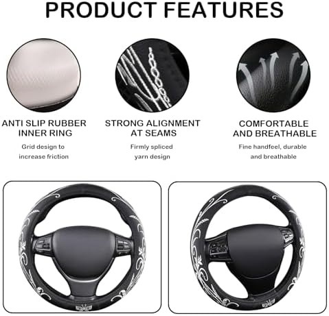 White Embroidery Butterfly Car Steering Wheel Cover, 14.5-15 Inch Universal - Image 4