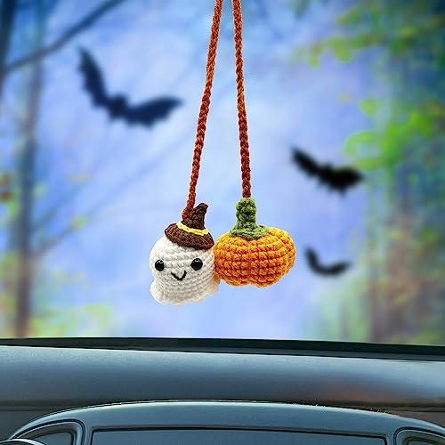 Crochet Car Mirror Hanging Accessories, Halloween Pumpkin and Ghost Cute Car by MHRYEZ